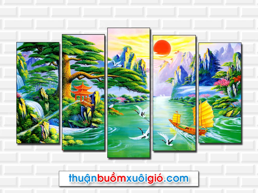 Tranh phong thủy thuyền buồm đẹp với sơn thủy hữu tình