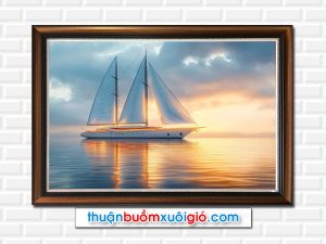 Bức tranh thuyền buồm trên biển bình minh đẹp