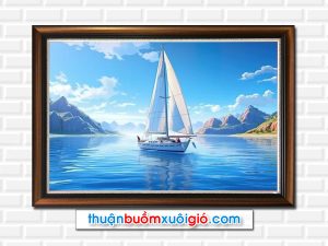 Mẫu tranh đẹp hình ảnh thuyền buồm và mây trời trong xanh
