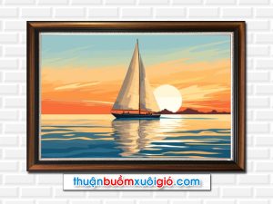 Mẫu tranh thuyền buồm trên biển và mặt trời đẹp