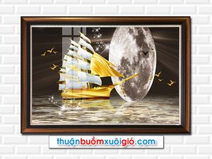 Mẫu tranh thuận buồm xuôi gió đẹp hình ảnh thuyền buồm vàng và mặt trăng