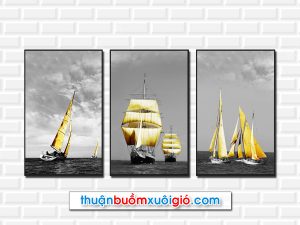 Bộ tranh canvas 3 bức đẹp giá rẻ hình ảnh thuyền buồm vàng