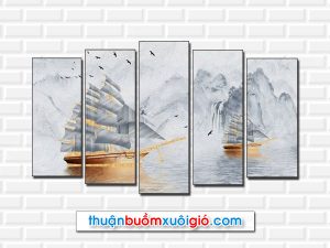 Tranh thuận buồm xuôi gió với gam màu ghi đẹp kiểu ghép bộ 5 tấm