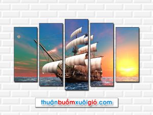 Mẫu tranh thuyền buồm trên biển đẹp kiểu ghép bộ 5 bức
