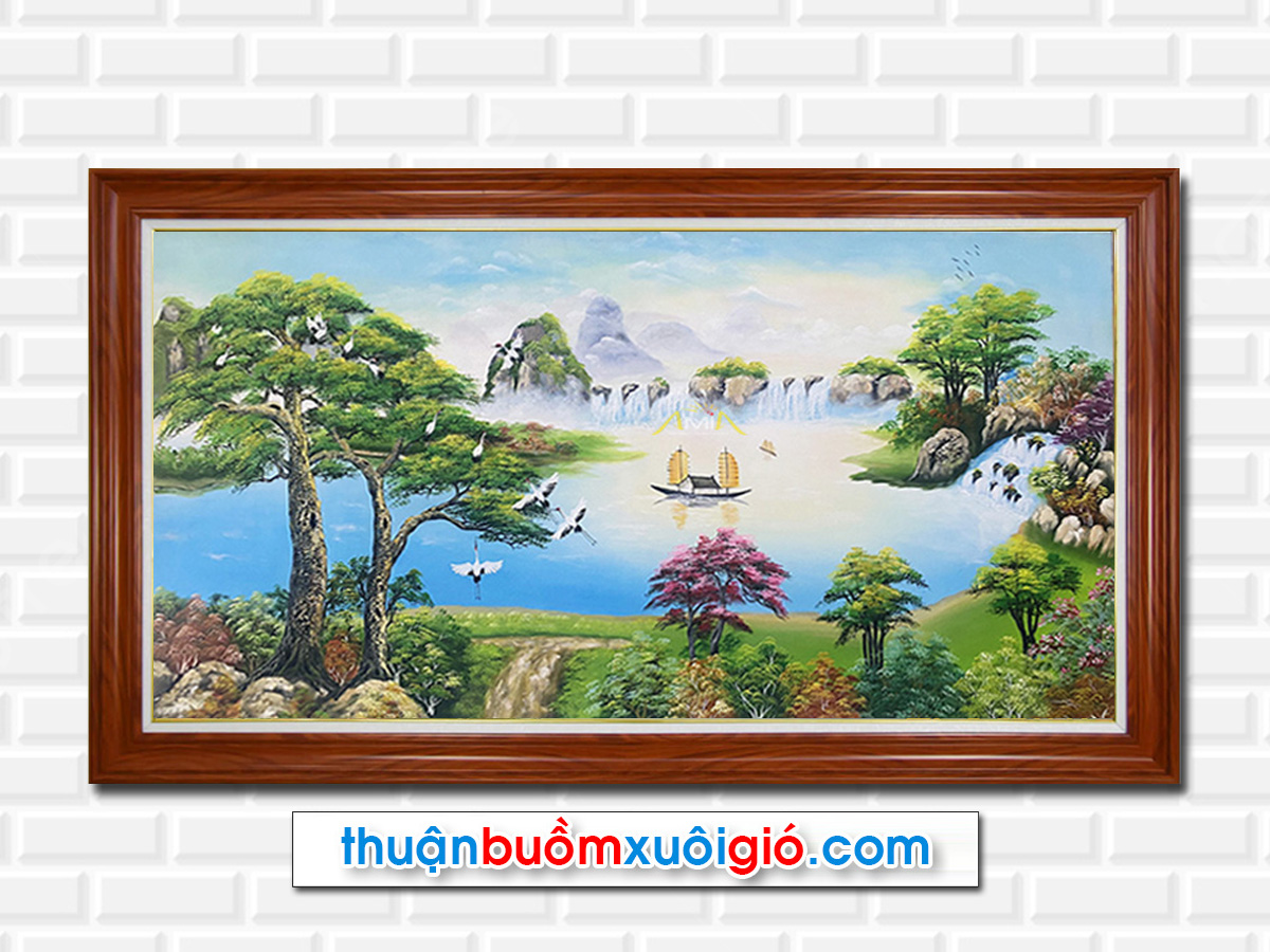 Bức tranh phong thủy thuận buồm xuôi gió đẹp vẽ thuyền buồm trên hồ