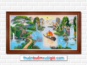 Mẫu tranh sơn thủy hữu tình thuận buồm xuôi gió đẹp vẽ sơn dầu