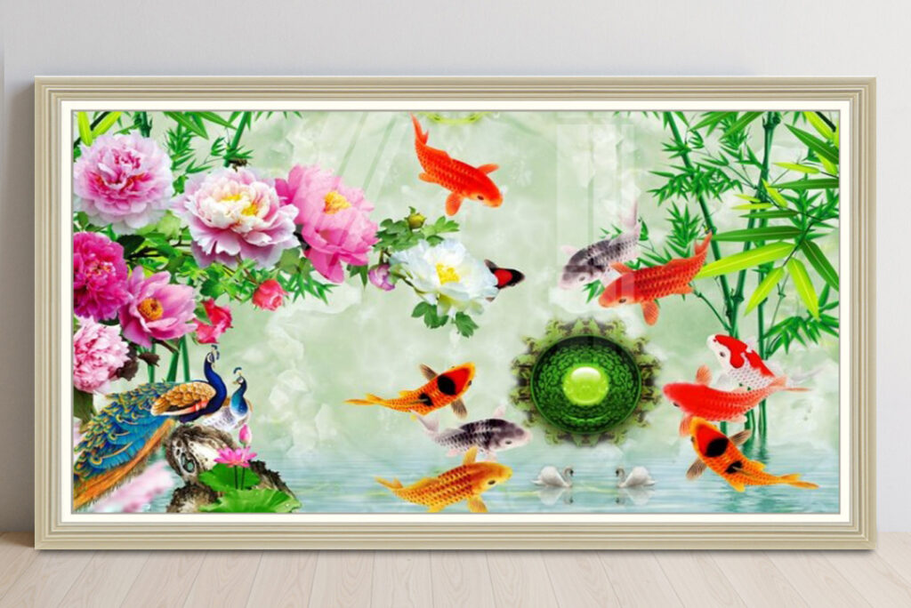 Mẫu tranh phong thuỷ cửu ngư quần hội đẹp ý nghĩa