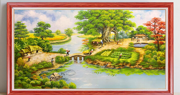 Mẫu tranh sơn dầu vẽ phong cảnh đồng quê làng quê xưa đẹp