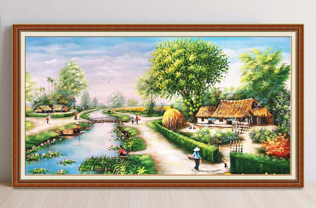 Mẫu tranh sơn dầu vẽ phong cảnh đồng quê làng quê xưa đẹp
