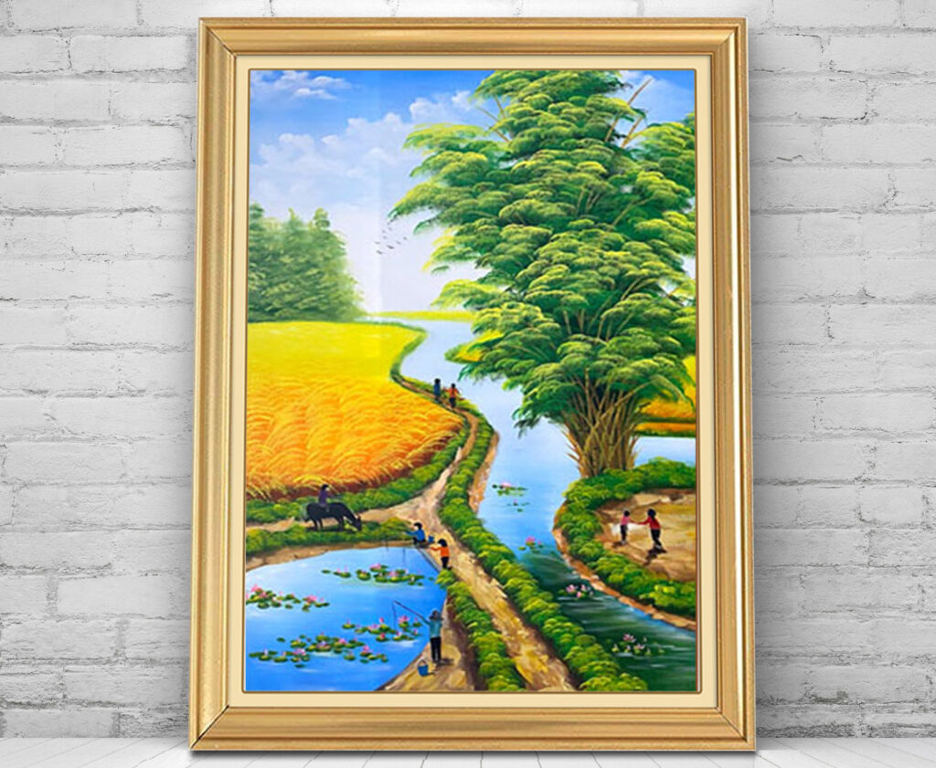 Mẫu tranh sơn dầu vẽ phong cảnh đồng quê làng quê xưa đẹp
