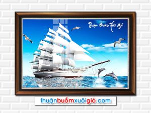 Tranh thuận buồm xuôi gió đẹp hình ảnh thuyền buồm và cá heo