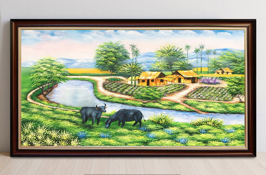 Mẫu tranh sơn dầu vẽ phong cảnh đồng quê làng quê xưa đẹp