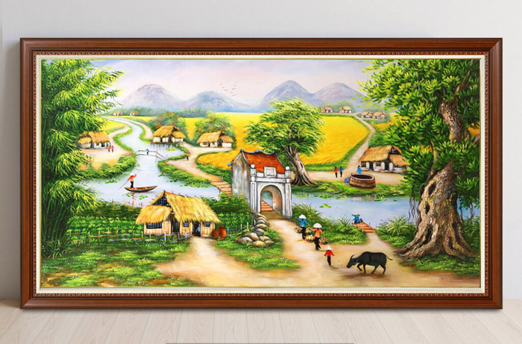 Mẫu tranh sơn dầu vẽ phong cảnh đồng quê làng quê xưa đẹp
