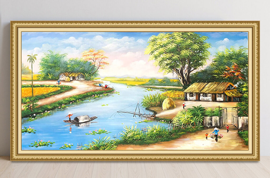 Mẫu tranh sơn dầu vẽ phong cảnh đồng quê làng quê xưa đẹp