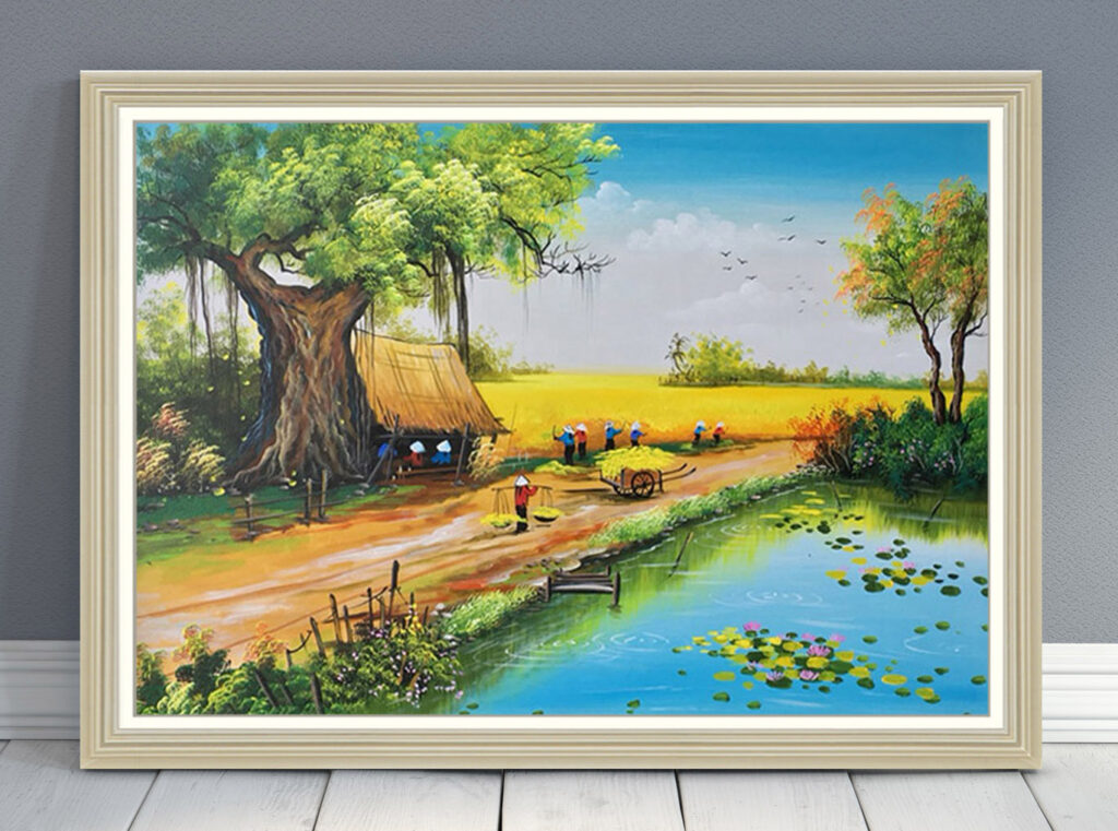 Mẫu tranh sơn dầu vẽ phong cảnh đồng quê làng quê xưa đẹp