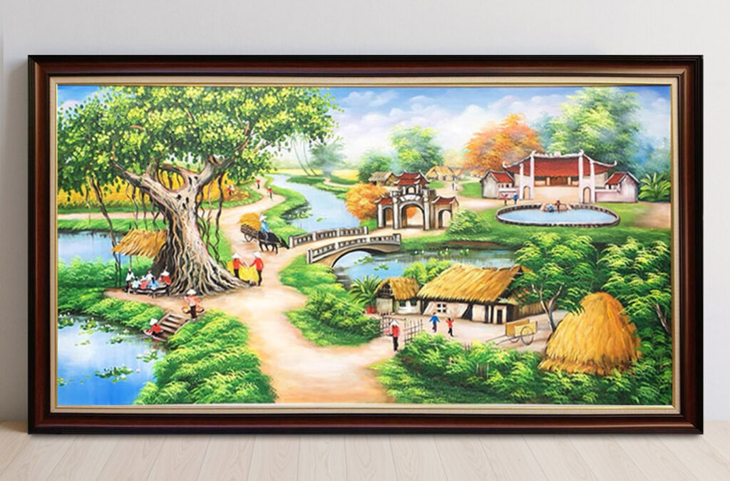 Mẫu tranh sơn dầu vẽ phong cảnh đồng quê làng quê xưa đẹp