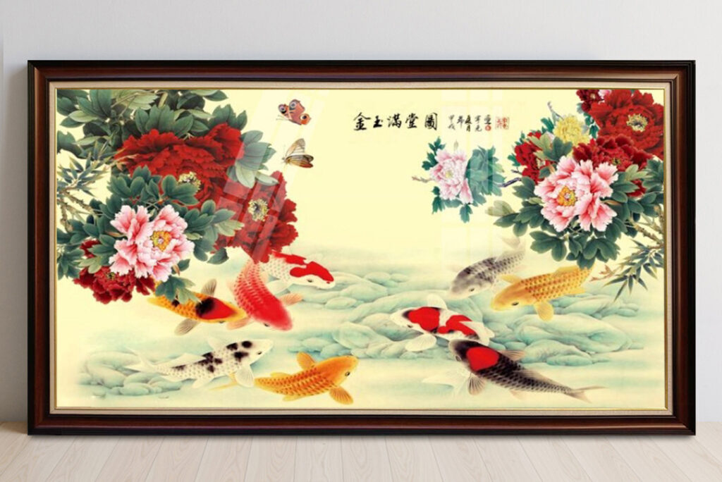 Mẫu tranh phong thuỷ cửu ngư quần hội đẹp ý nghĩa