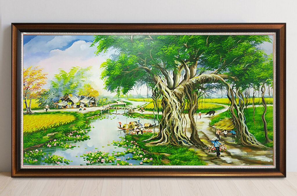 Mẫu tranh sơn dầu vẽ phong cảnh đồng quê làng quê xưa đẹp