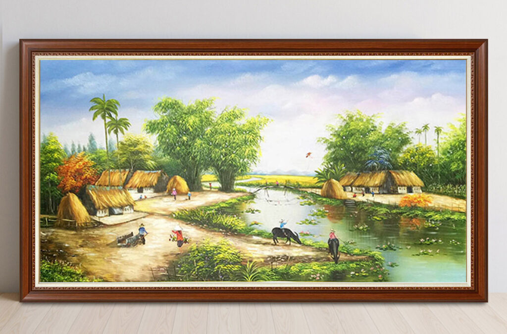 Mẫu tranh sơn dầu vẽ phong cảnh đồng quê làng quê xưa đẹp
