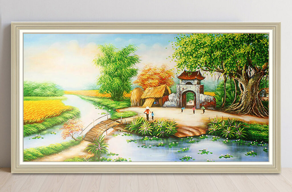 Mẫu tranh sơn dầu vẽ phong cảnh đồng quê làng quê xưa đẹp