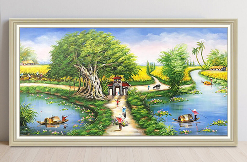 Mẫu tranh sơn dầu vẽ phong cảnh đồng quê làng quê xưa đẹp