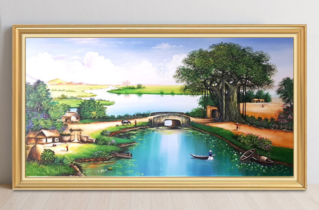 Mẫu tranh sơn dầu vẽ phong cảnh đồng quê làng quê xưa đẹp