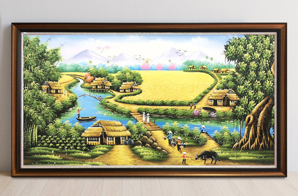 Mẫu tranh sơn dầu vẽ phong cảnh đồng quê làng quê xưa đẹp