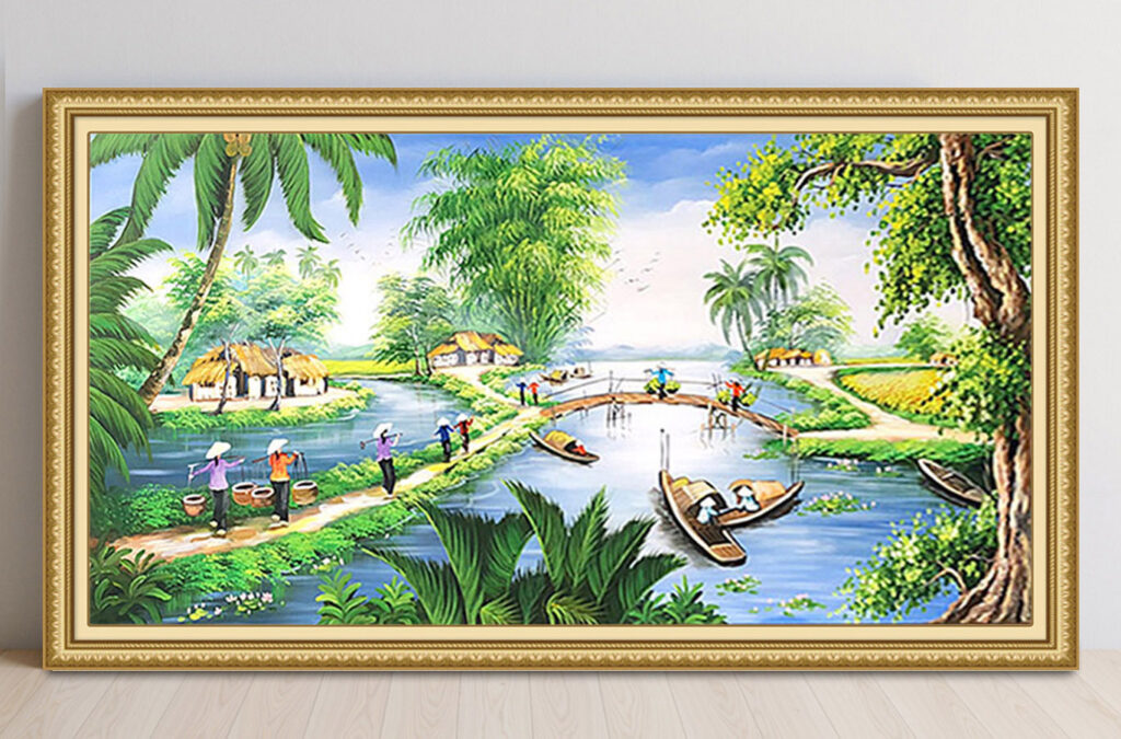 Mẫu tranh sơn dầu vẽ phong cảnh đồng quê làng quê xưa đẹp