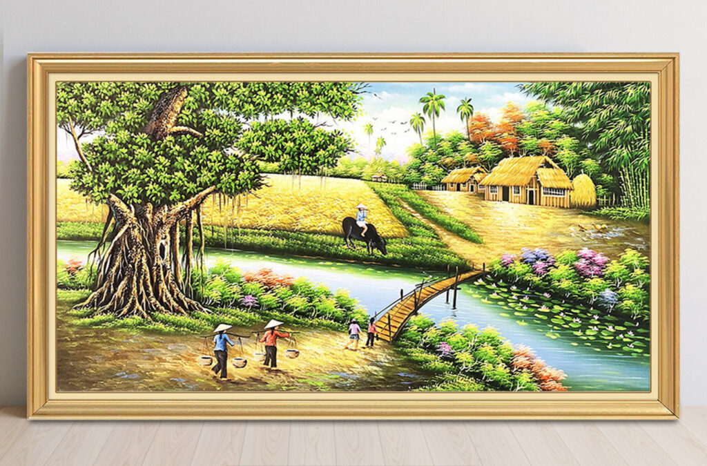 Mẫu tranh sơn dầu vẽ phong cảnh đồng quê làng quê xưa đẹp