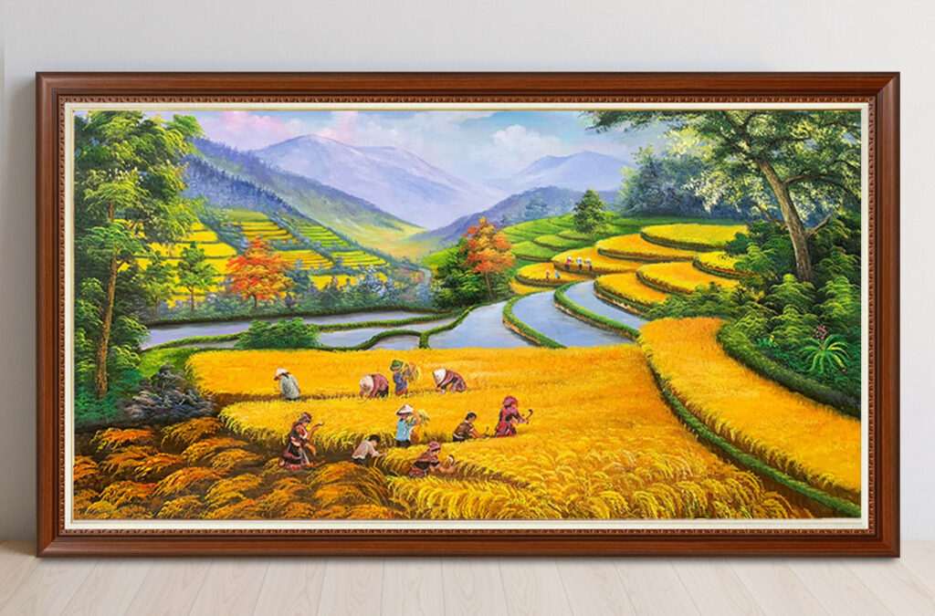 Mẫu tranh sơn dầu vẽ phong cảnh đồng quê làng quê xưa đẹp