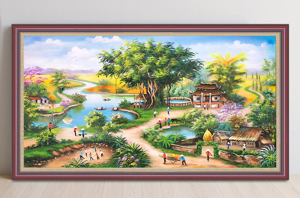 Mẫu tranh sơn dầu vẽ phong cảnh đồng quê làng quê xưa đẹp