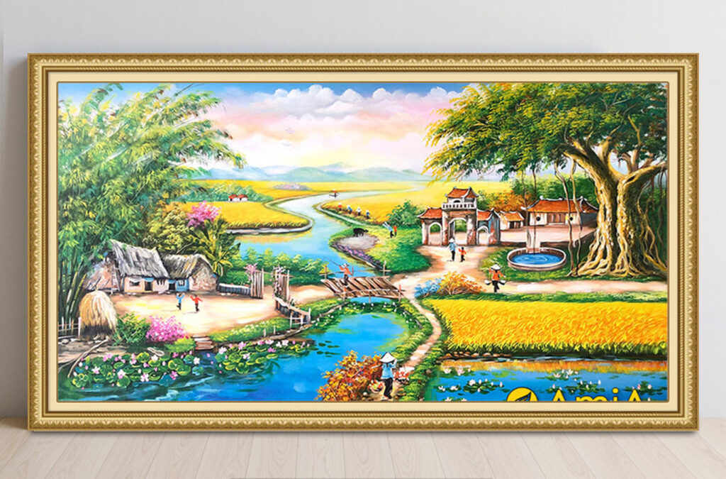Mẫu tranh sơn dầu vẽ phong cảnh đồng quê làng quê xưa đẹp