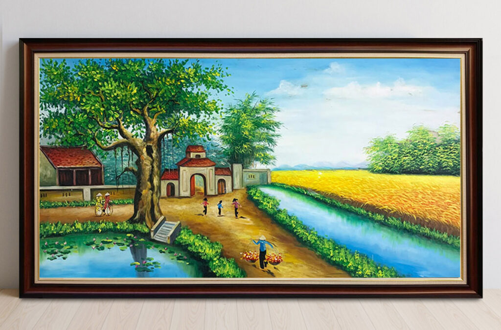 Mẫu tranh sơn dầu vẽ phong cảnh đồng quê làng quê xưa đẹp