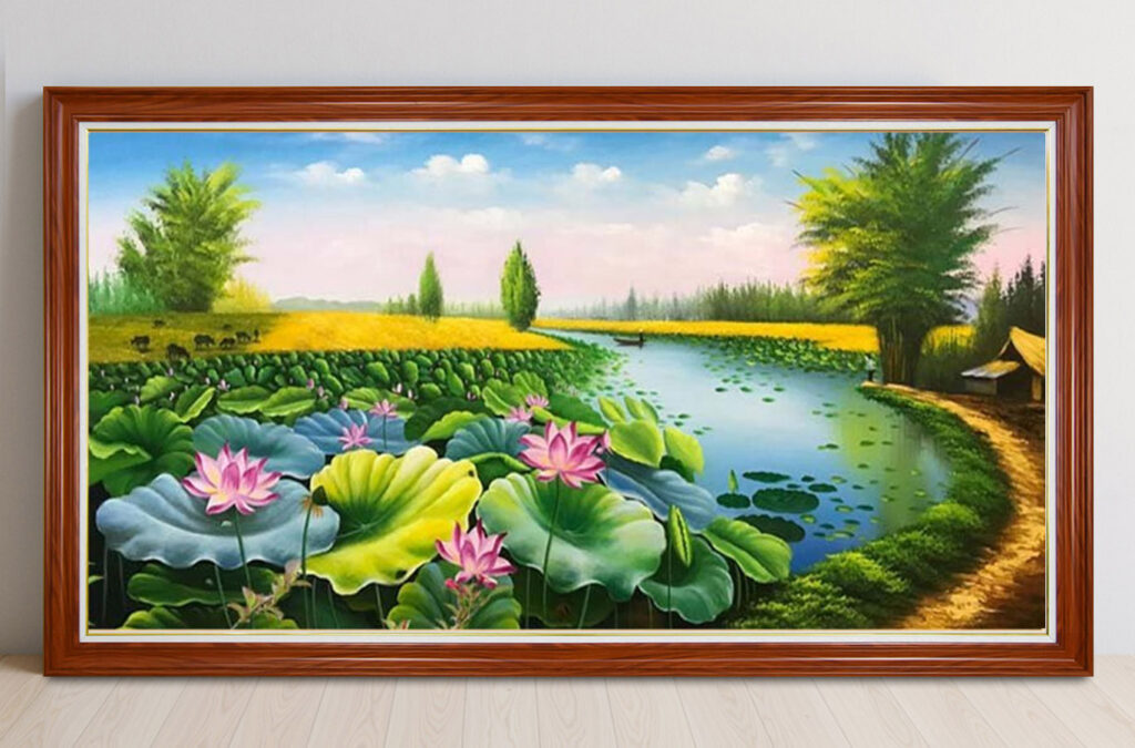 Mẫu tranh sơn dầu vẽ phong cảnh đồng quê làng quê xưa đẹp