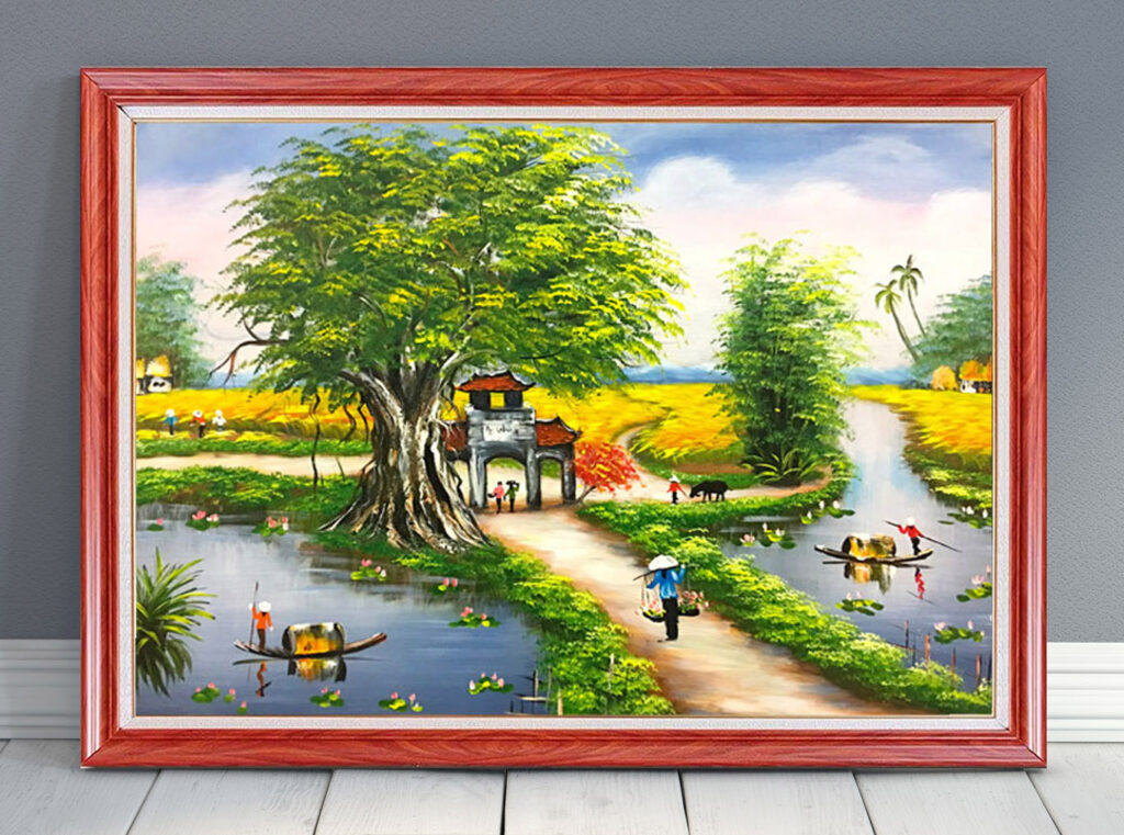 Mẫu tranh sơn dầu vẽ phong cảnh đồng quê làng quê xưa đẹp